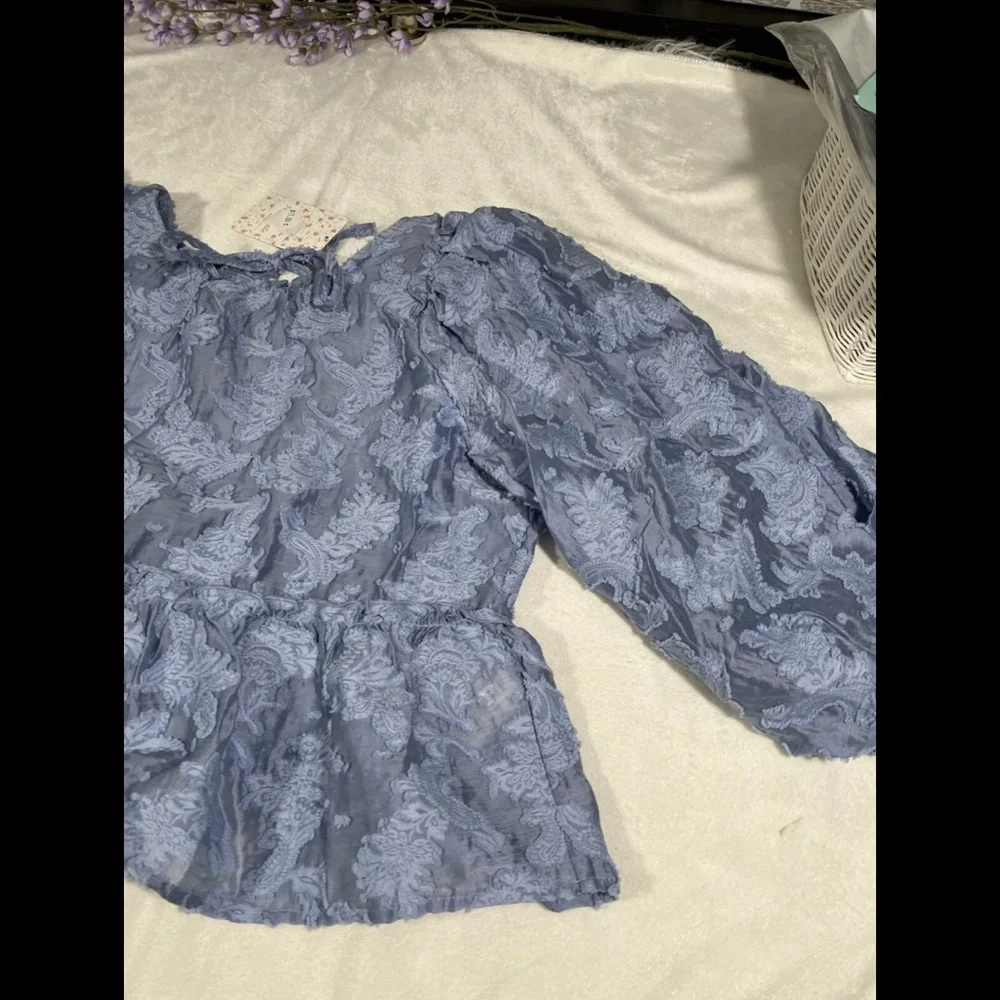 NWT Free People [ Small ] Calli Balloon‎ Sleeve Top in Bluemoon Quartz